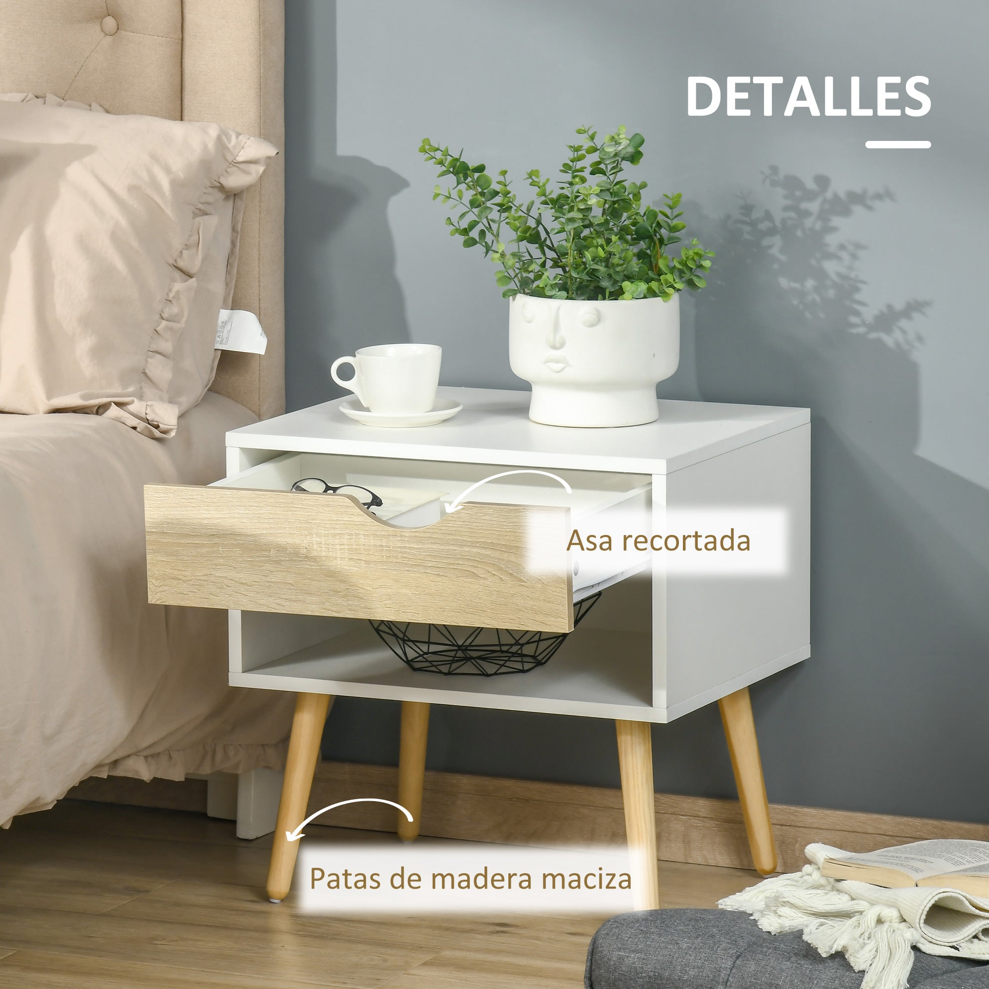 Set of 2 Bedside Tables Bedside Table with Drawer and Storage Shelf for Bedroom Living Room Bed Office Modern Style 50x39x51 cm White and Oak