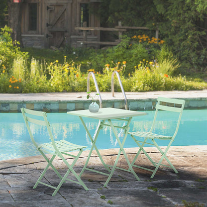 Folding bistro garden set - square table dim. 60L x 60W x 71H cm with 2 chairs - green water-resistant powder-coated metal