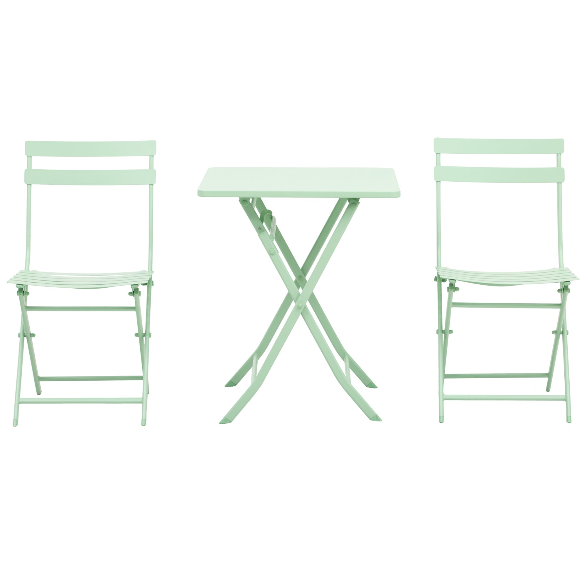 Folding bistro garden set - square table dim. 60L x 60W x 71H cm with 2 chairs - green water-resistant powder-coated metal