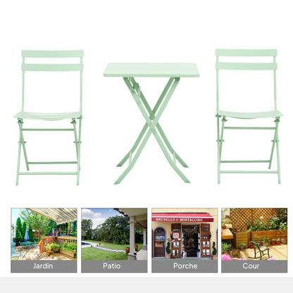 Folding bistro garden set - square table dim. 60L x 60W x 71H cm with 2 chairs - green water-resistant powder-coated metal