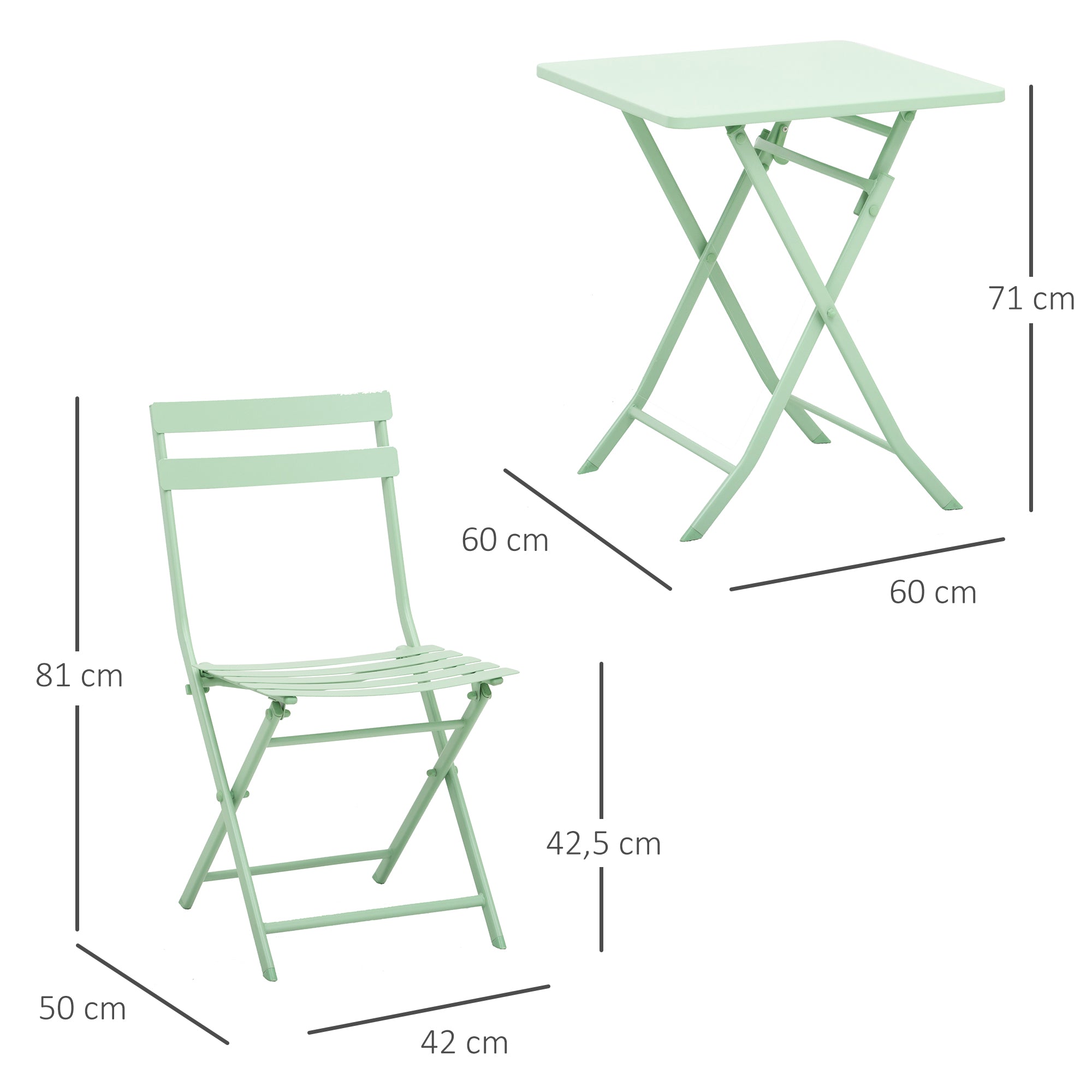 Folding bistro garden set - square table dim. 60L x 60W x 71H cm with 2 chairs - green water-resistant powder-coated metal