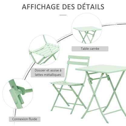 Folding bistro garden set - square table dim. 60L x 60W x 71H cm with 2 chairs - green water-resistant powder-coated metal