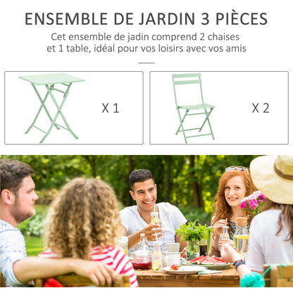 Folding bistro garden set - square table dim. 60L x 60W x 71H cm with 2 chairs - green water-resistant powder-coated metal