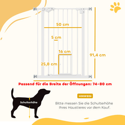 Dog Door Gate, Stair Gate, 74-80 cm Dog Door Gate, Stair Protection, Safety Gate, Automatic Closing, Steel, White
