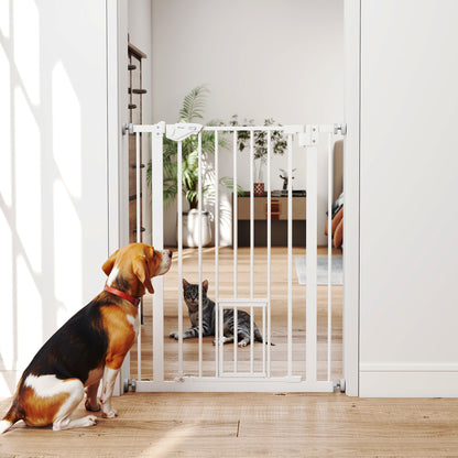 Dog Door Gate, Stair Gate, 74-80 cm Dog Door Gate, Stair Protection, Safety Gate, Automatic Closing, Steel, White
