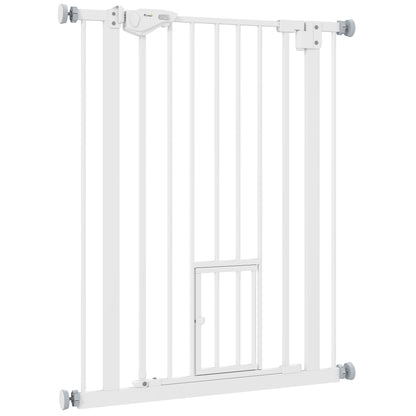 Dog Door Gate, Stair Gate, 74-80 cm Dog Door Gate, Stair Protection, Safety Gate, Automatic Closing, Steel, White