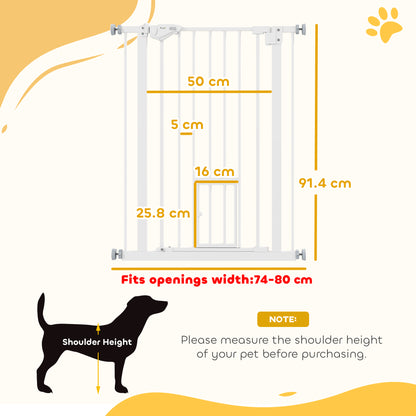 Dog Door Gate, Stair Gate, 74-80 cm Dog Door Gate, Stair Protection, Safety Gate, Automatic Closing, Steel, White