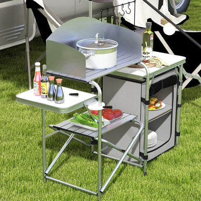 Folding Camping Kitchen, Outdoor Kitchen with UV Protection, Windshield, Cabinet, 3 Work Surfaces, Light Stand, Aluminum, for Camping, Garden, Silver