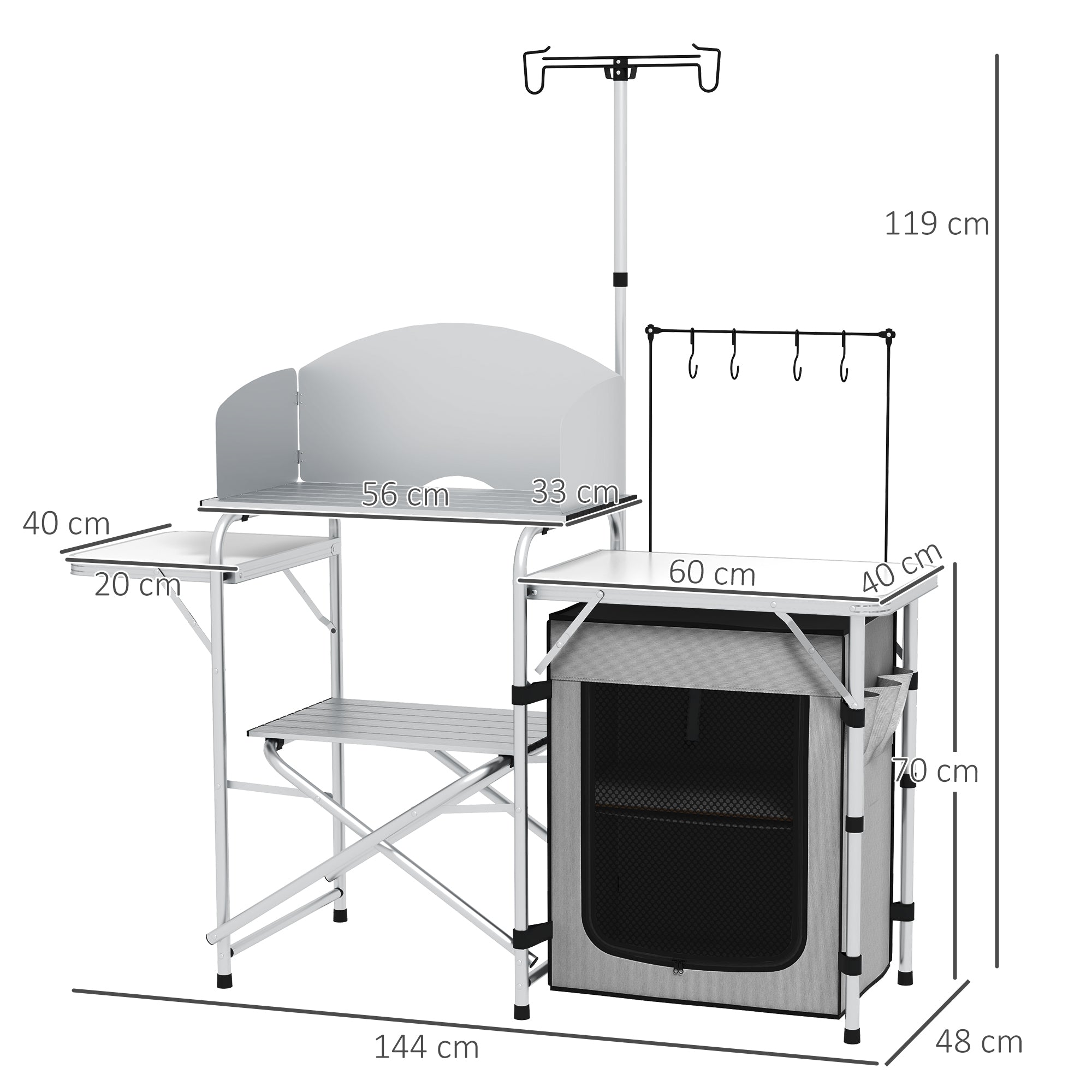 Folding Camping Kitchen, Outdoor Kitchen with UV Protection, Windshield, Cabinet, 3 Work Surfaces, Light Stand, Aluminum, for Camping, Garden, Silver