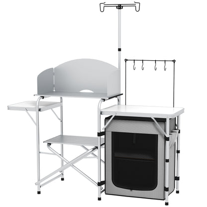 Folding Camping Kitchen, Outdoor Kitchen with UV Protection, Windshield, Cabinet, 3 Work Surfaces, Light Stand, Aluminum, for Camping, Garden, Silver
