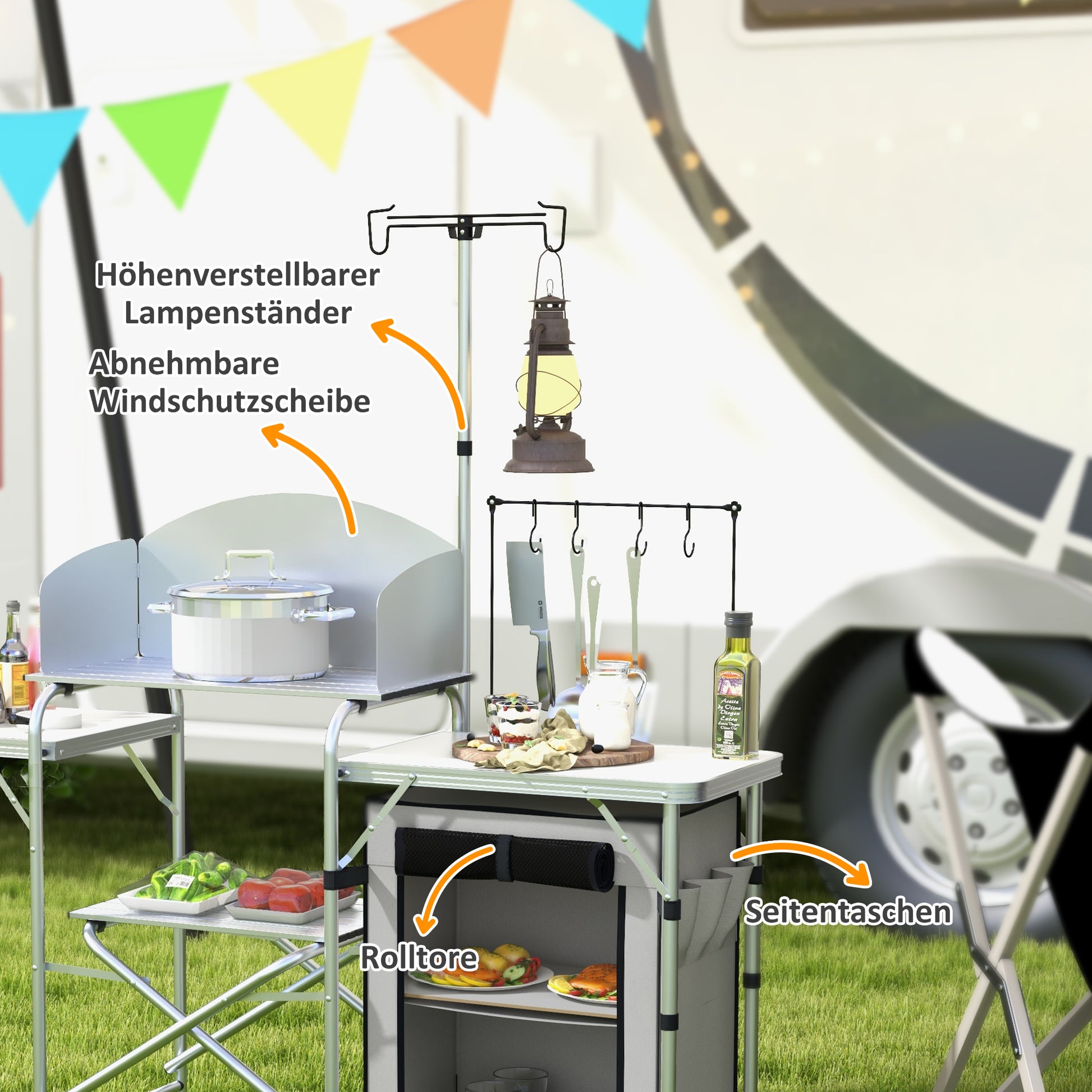 Folding Camping Kitchen, Outdoor Kitchen with UV Protection, Windshield, Cabinet, 3 Work Surfaces, Light Stand, Aluminum, for Camping, Garden, Silver