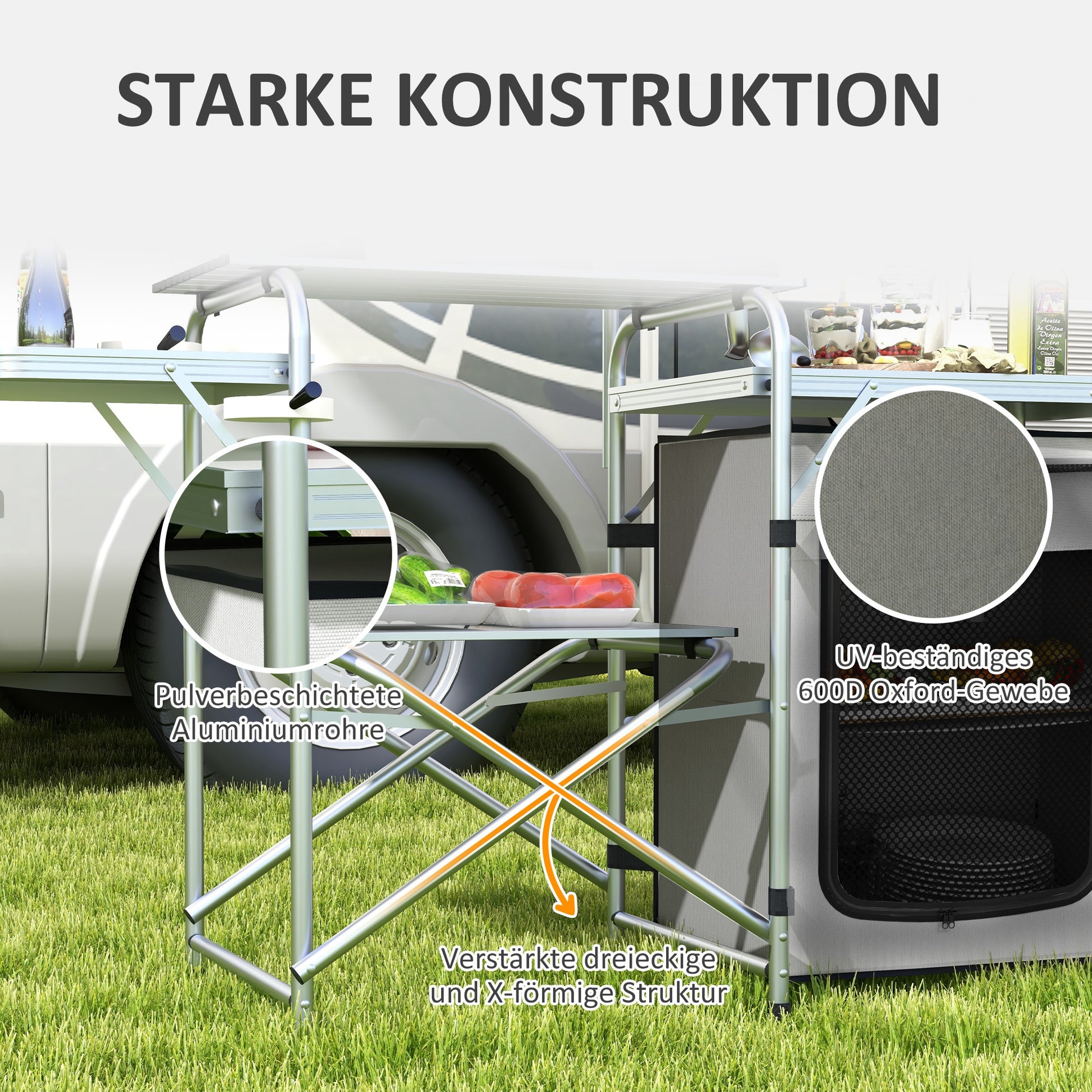Folding Camping Kitchen, Outdoor Kitchen with UV Protection, Windshield, Cabinet, 3 Work Surfaces, Light Stand, Aluminum, for Camping, Garden, Silver