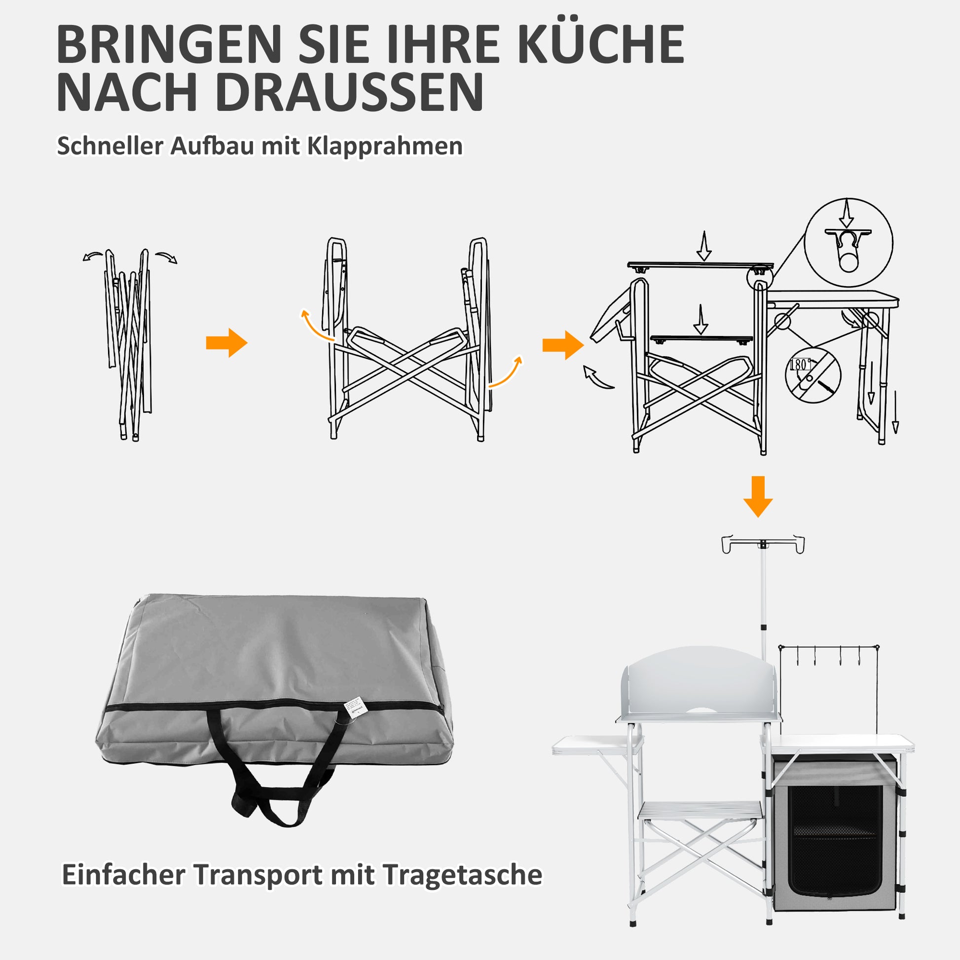 Folding Camping Kitchen, Outdoor Kitchen with UV Protection, Windshield, Cabinet, 3 Work Surfaces, Light Stand, Aluminum, for Camping, Garden, Silver