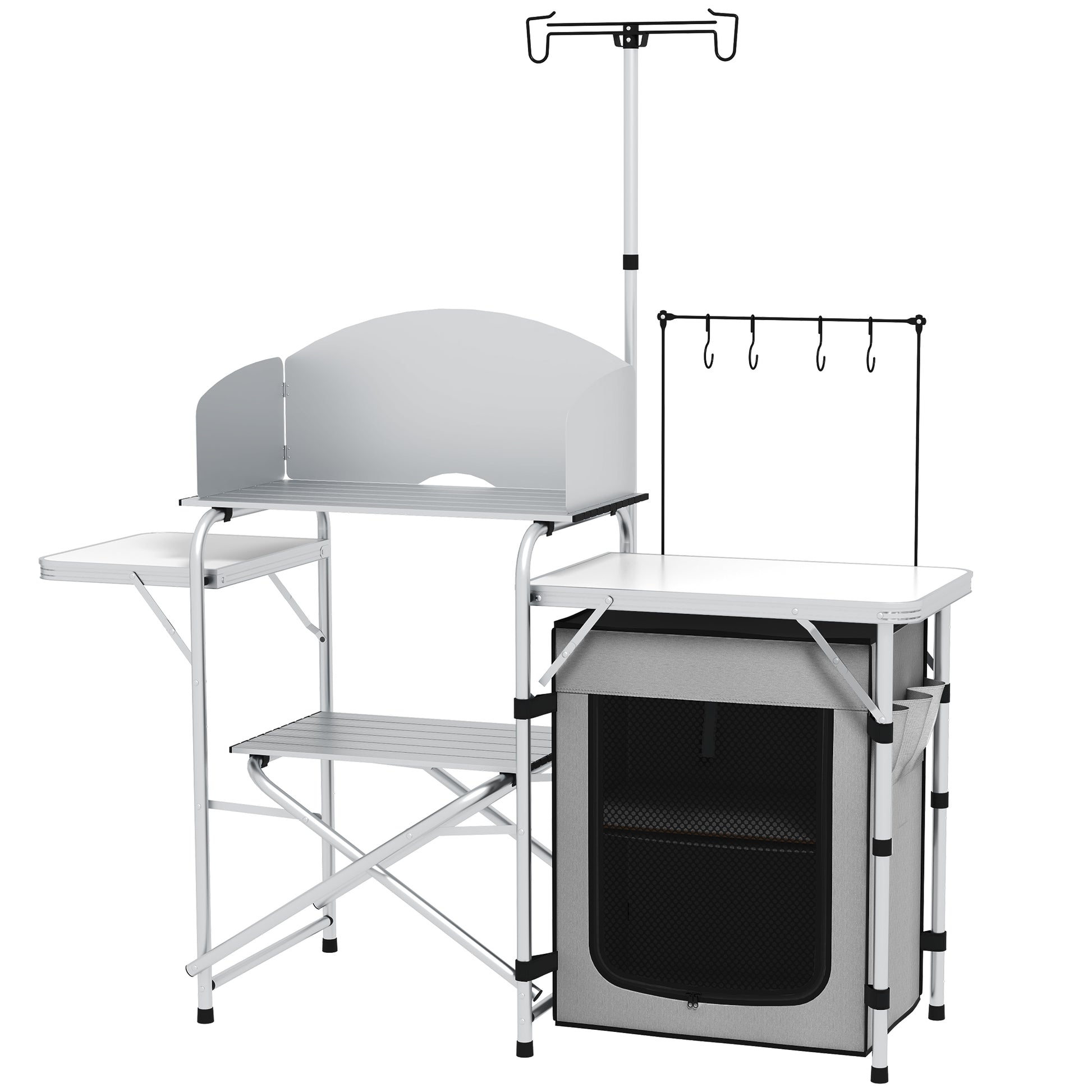 Folding Camping Kitchen, Outdoor Kitchen with UV Protection, Windshield, Cabinet, 3 Work Surfaces, Light Stand, Aluminum, for Camping, Garden, Silver