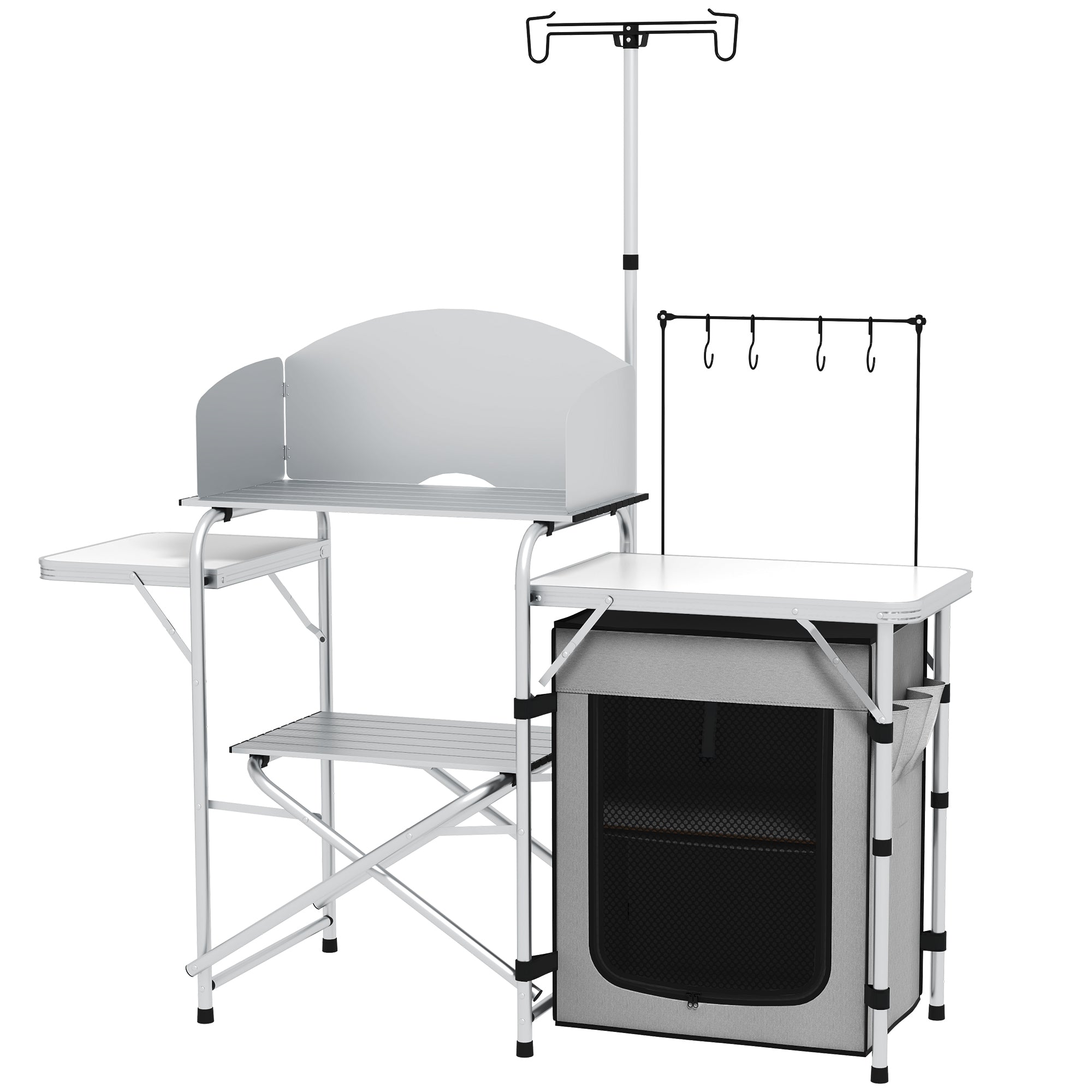 Folding Camping Kitchen, Outdoor Kitchen with UV Protection, Windshield, Cabinet, 3 Work Surfaces, Light Stand, Aluminum, for Camping, Garden, Silver