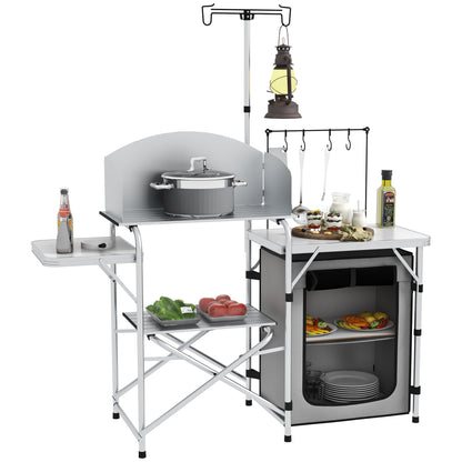 Folding Camping Kitchen, Outdoor Kitchen with UV Protection, Windshield, Cabinet, 3 Work Surfaces, Light Stand, Aluminum, for Camping, Garden, Silver