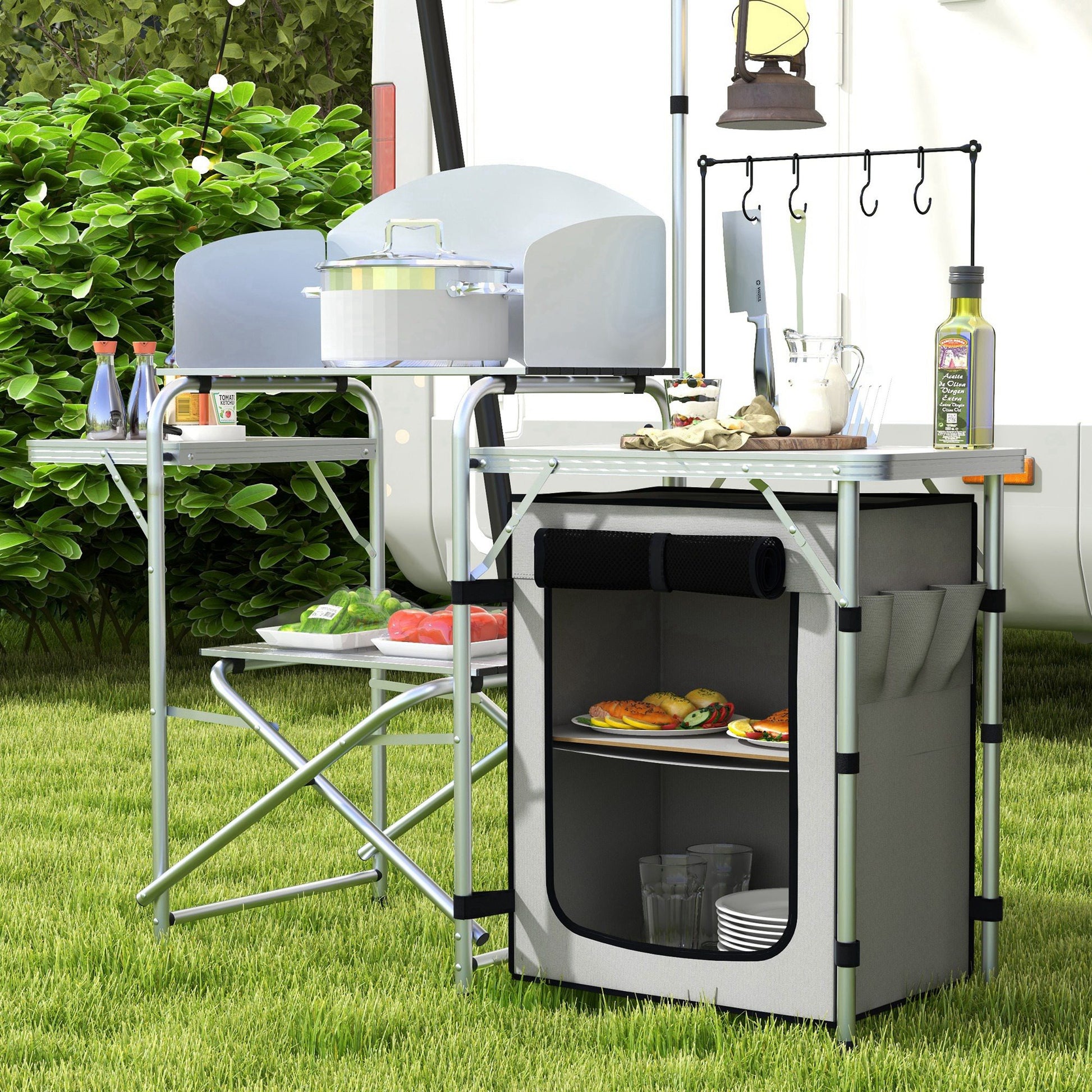 Folding Camping Kitchen, Outdoor Kitchen with UV Protection, Windshield, Cabinet, 3 Work Surfaces, Light Stand, Aluminum, for Camping, Garden, Silver