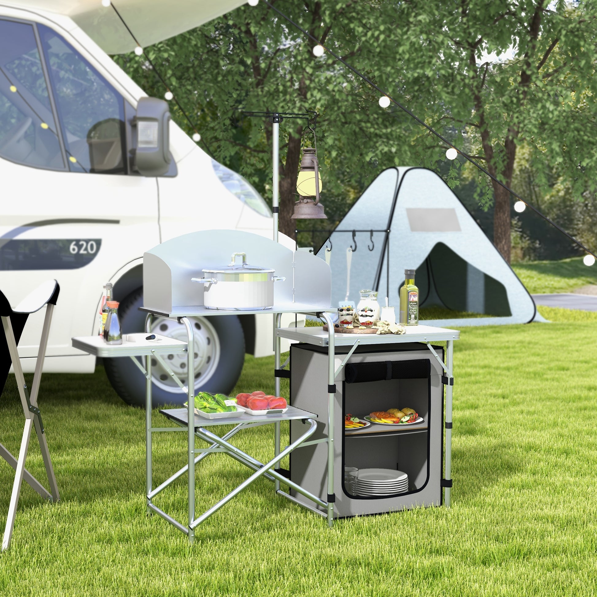Folding Camping Kitchen, Outdoor Kitchen with UV Protection, Windshield, Cabinet, 3 Work Surfaces, Light Stand, Aluminum, for Camping, Garden, Silver