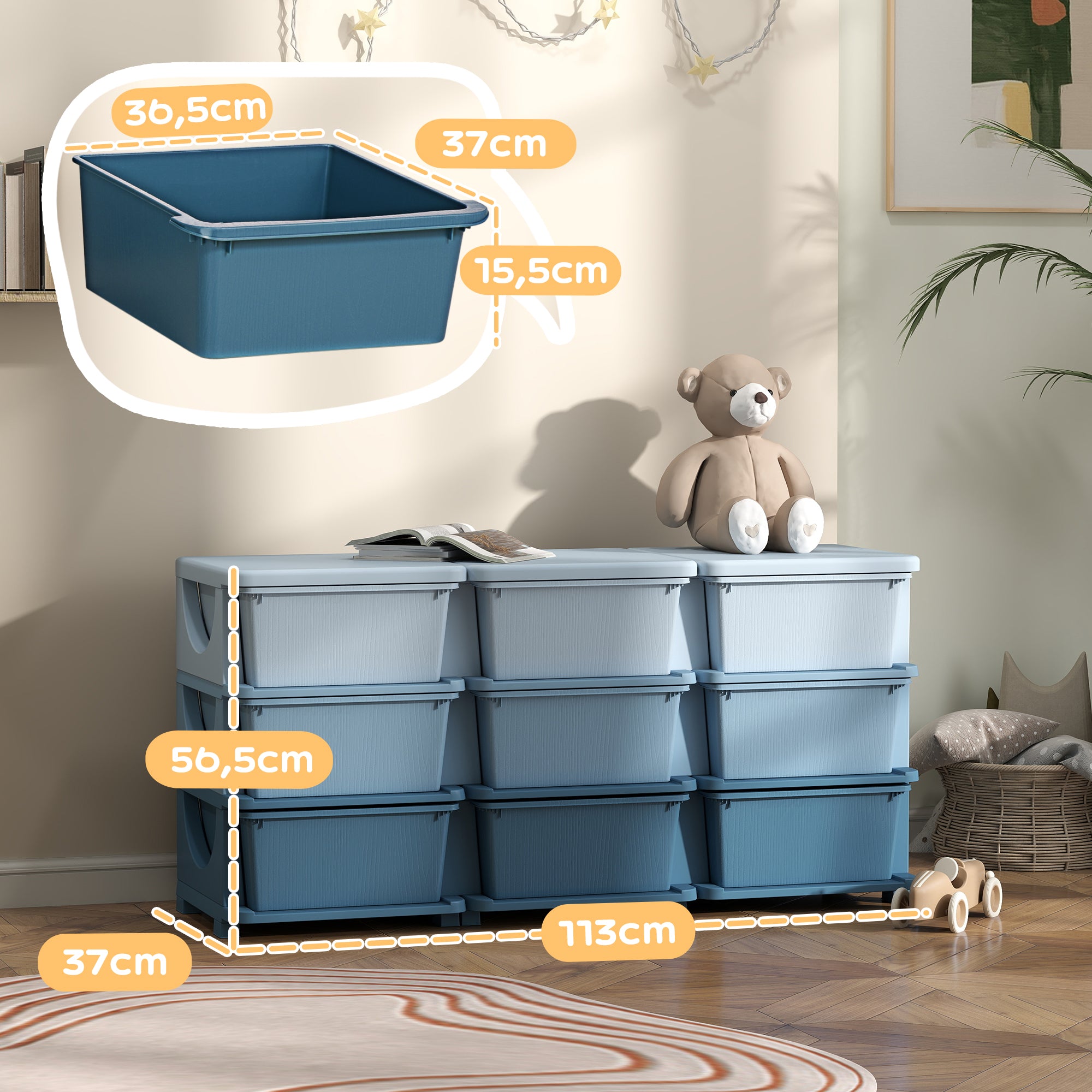 9-Tier Kids Storage Drawer Chest – Toy Organizer & Storage Boxes, Blue, 113 x 37 x 56.5 cm (44.5 x 14.6 x 22.2 in) – For Ages 3–6
