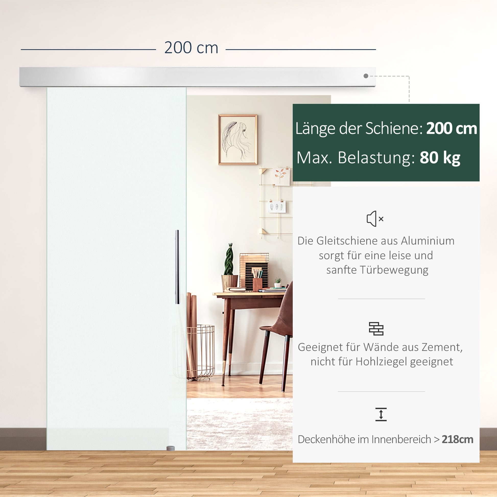 Glass Sliding Door Room Door with Handle Bar one-sided frosted 90 x 205 cm