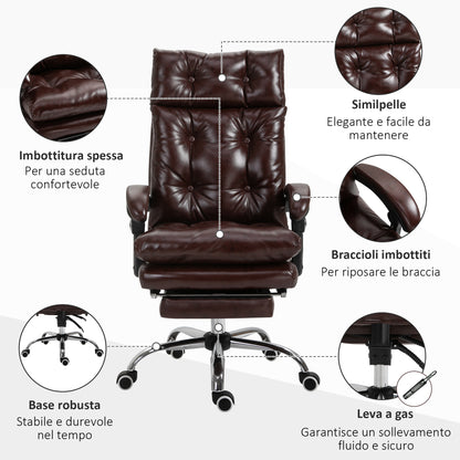 Ergonomic Executive Office Chair in Faux Leather, Swivel Office Chair with Adjustable Height, Reclining 135°, and Retractable Footrest for Study and Desk, Brown