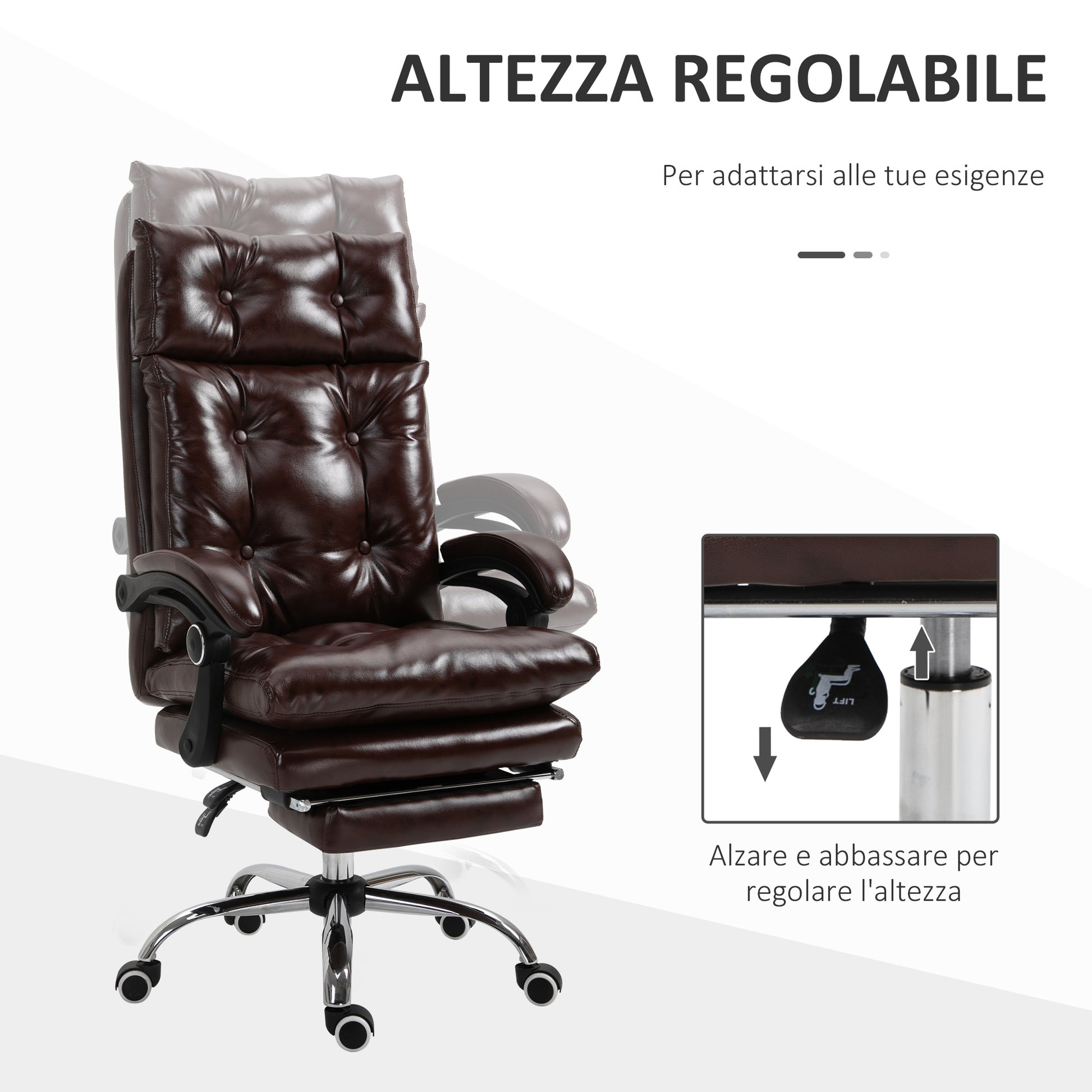 Ergonomic Executive Office Chair in Faux Leather, Swivel Office Chair with Adjustable Height, Reclining 135°, and Retractable Footrest for Study and Desk, Brown