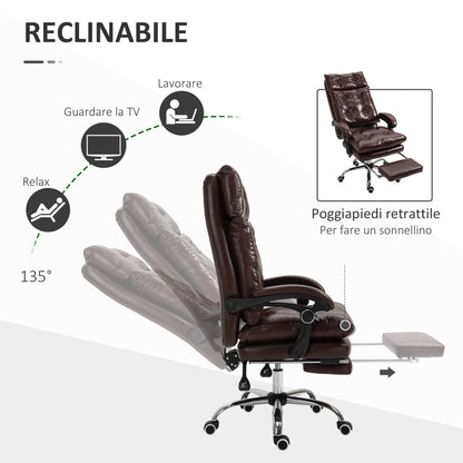 Ergonomic Executive Office Chair in Faux Leather, Swivel Office Chair with Adjustable Height, Reclining 135°, and Retractable Footrest for Study and Desk, Brown