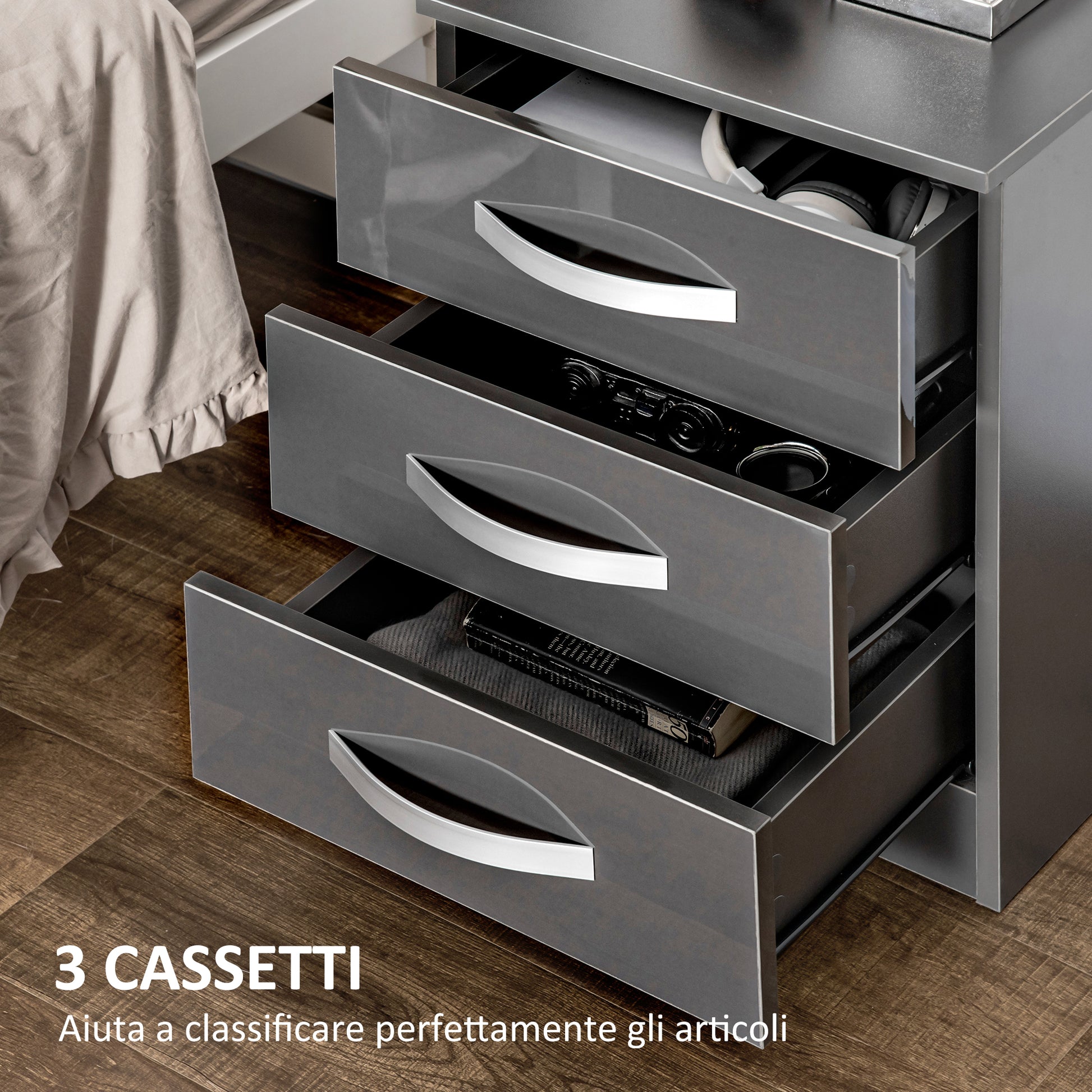Bedside Table Modern, Set of 2 with 3 Drawers for Bedroom and Living Room made of MDF, 40x36x56cm, Gray