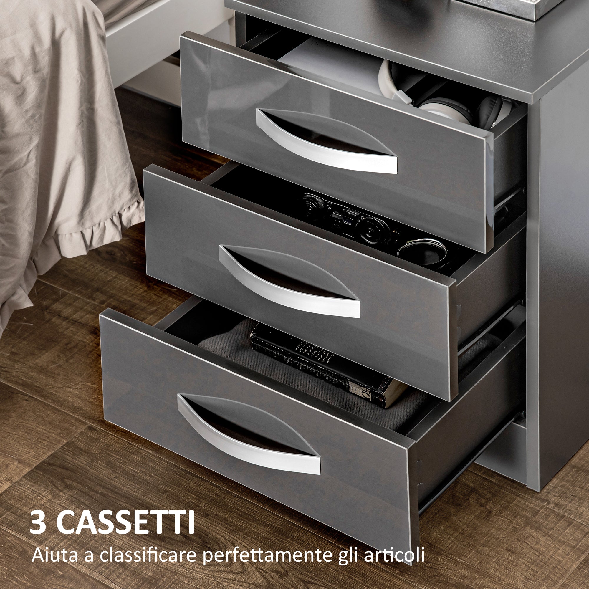 Bedside Table Modern, Set of 2 with 3 Drawers for Bedroom and Living Room made of MDF, 40x36x56cm, Gray