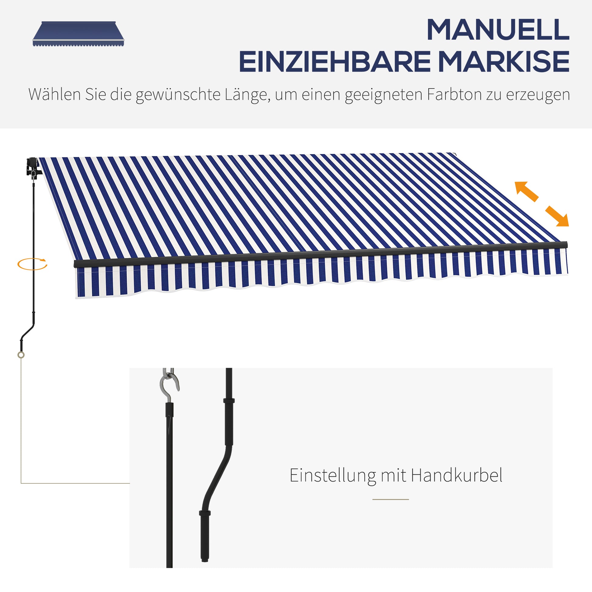 Retractable Awning with Hand Crank, 350 x 300 cm, UV30+ Sun Shade Patio Awning, Adjustable Angle 45-85°, Balcony Awning with Waterproof Coating, Wall-Mounted, Blue+White