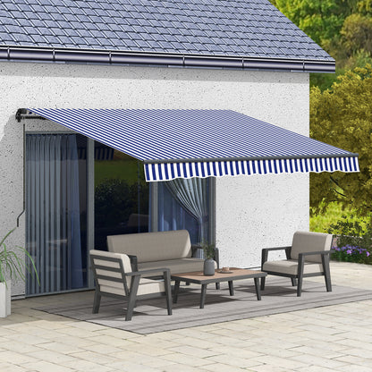 Retractable Awning with Hand Crank, 350 x 300 cm, UV30+ Sun Shade Patio Awning, Adjustable Angle 45-85°, Balcony Awning with Waterproof Coating, Wall-Mounted, Blue+White