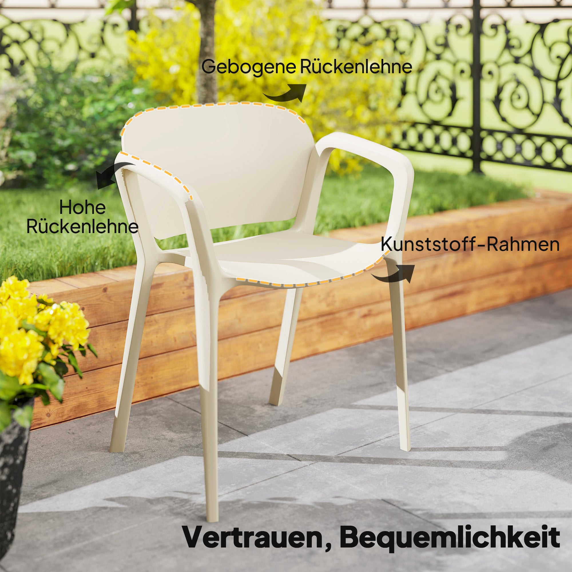 Garden Chair 4-Piece Set Weatherproof Plastic Garden Chairs Stackable Chair with Armrest Backrest Stackable Patio Chair Supports up to 120 kg Garden Furniture for Backyard, Garden, Balcony White