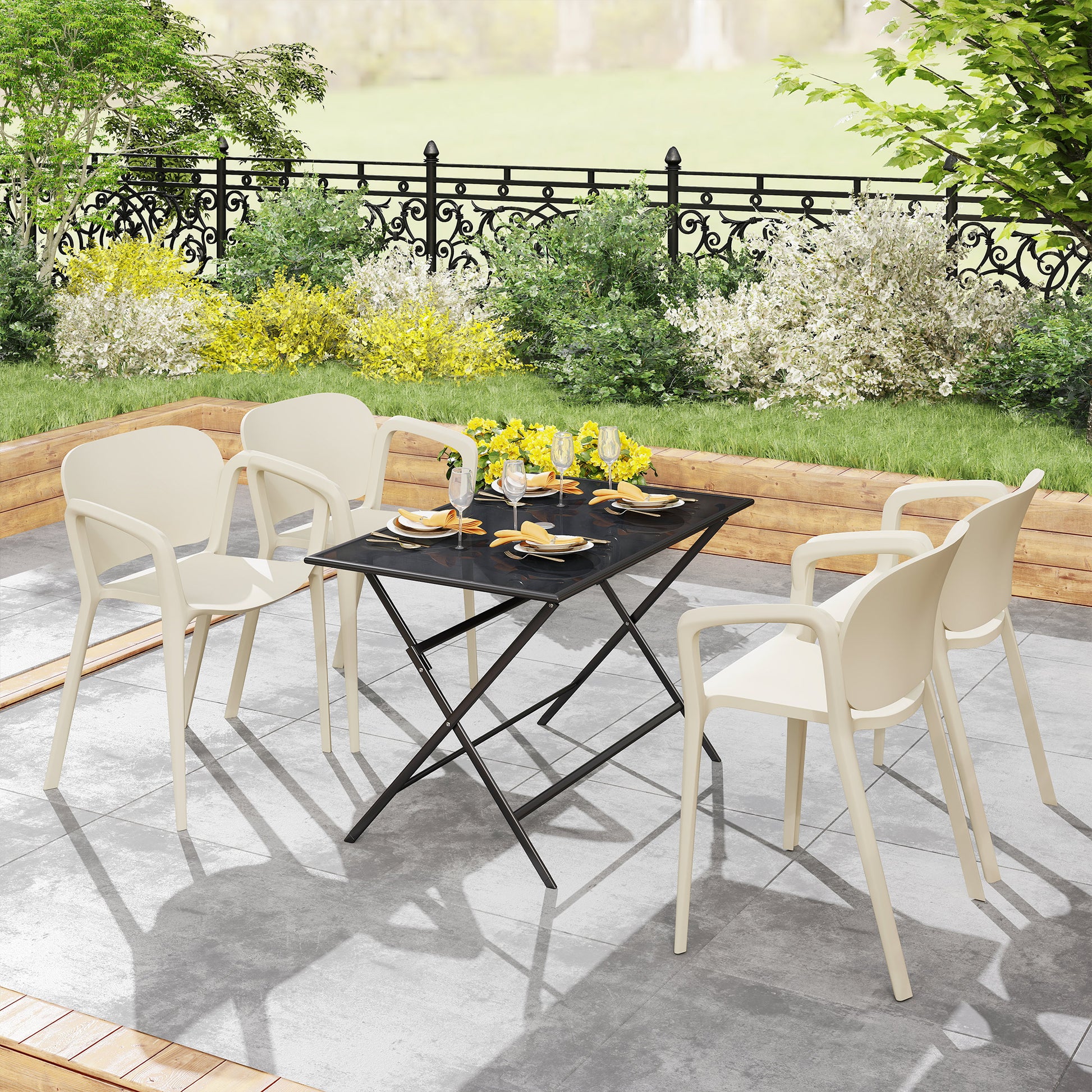Garden Chair 4-Piece Set Weatherproof Plastic Garden Chairs Stackable Chair with Armrest Backrest Stackable Patio Chair Supports up to 120 kg Garden Furniture for Backyard, Garden, Balcony White