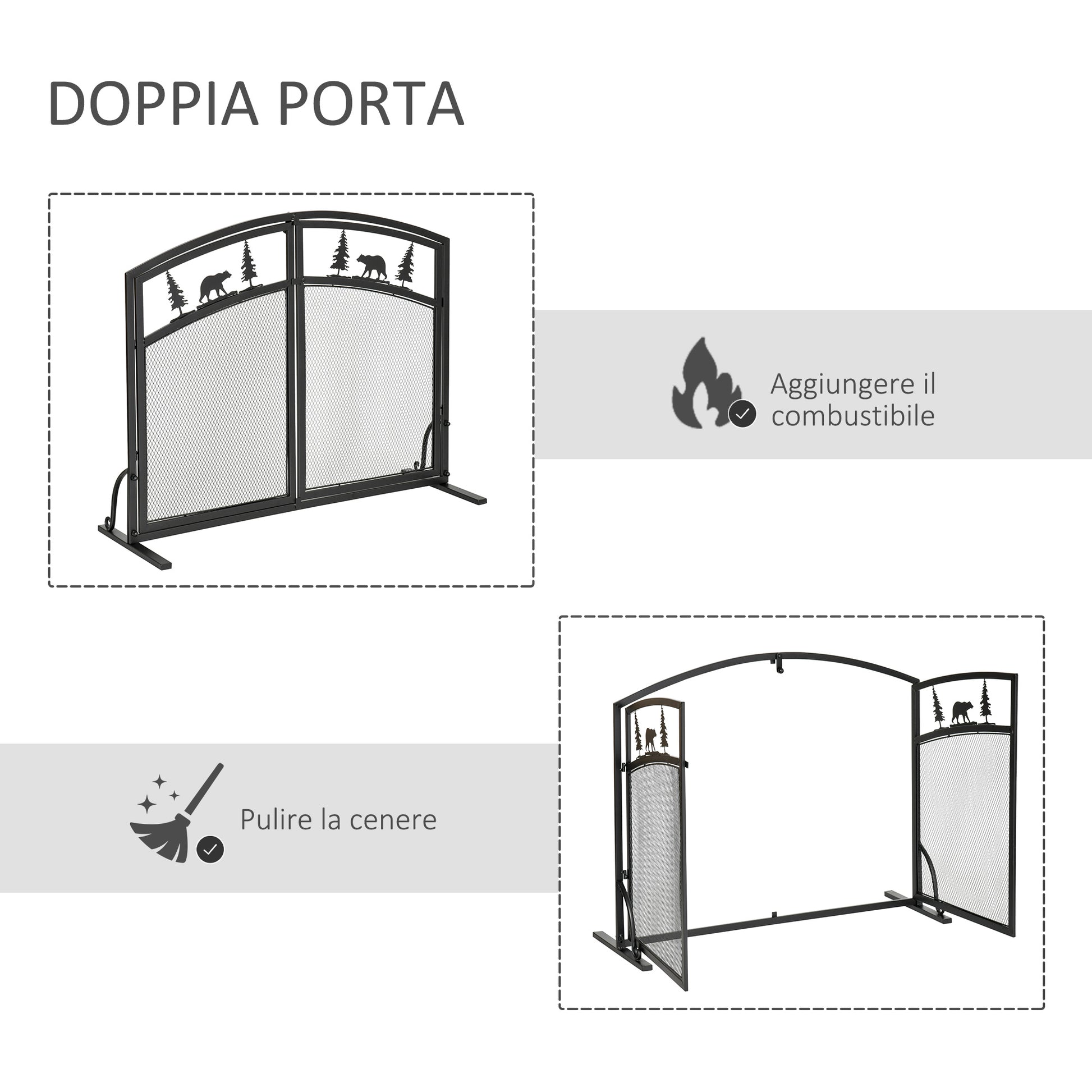 Black Metal Fireplace Spark Guard with 2 Clip Doors, Christmas Decorations, 99x35x80cm