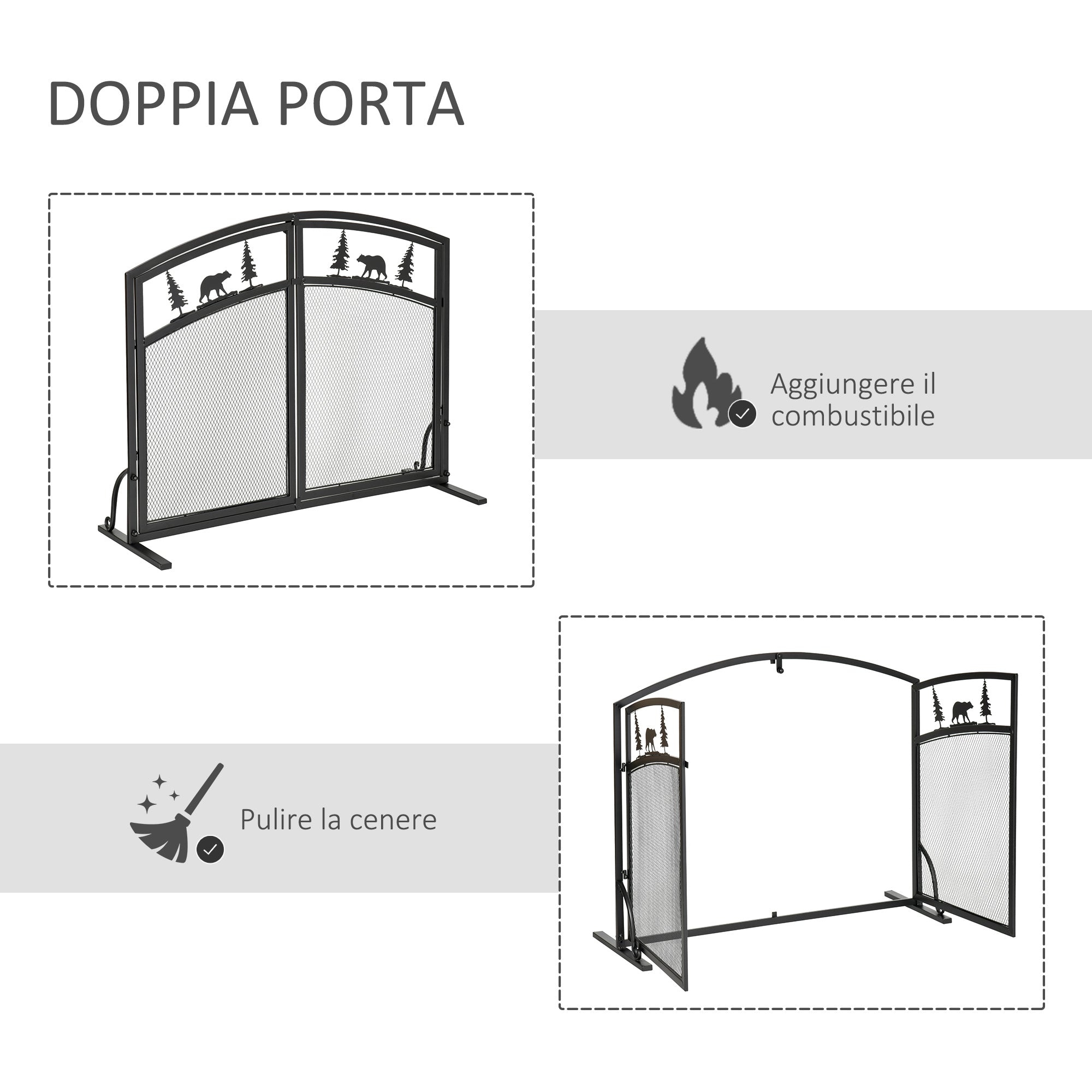 Black Metal Fireplace Spark Guard with 2 Clip Doors, Christmas Decorations, 99x35x80cm