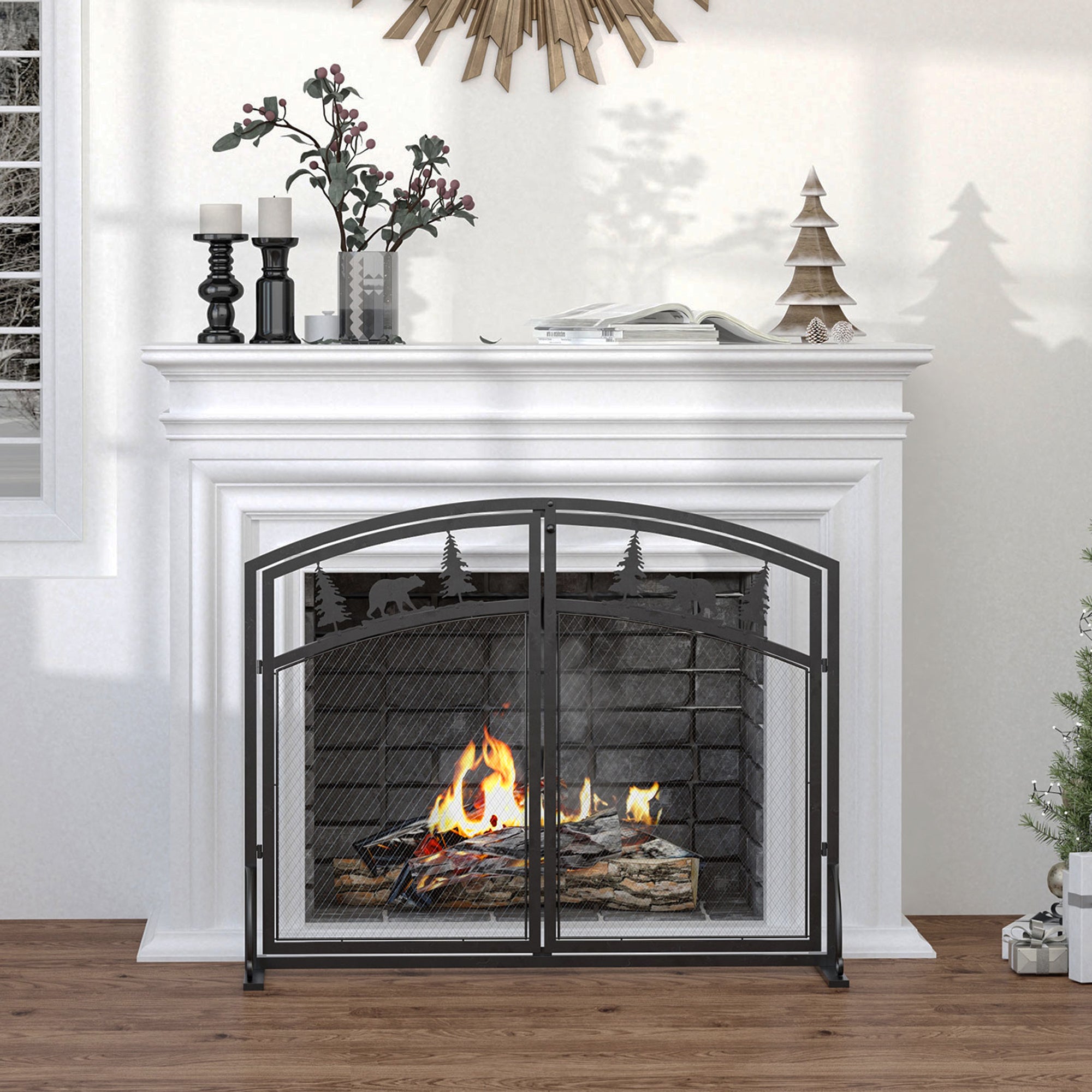 Black Metal Fireplace Spark Guard with 2 Clip Doors, Christmas Decorations, 99x35x80cm