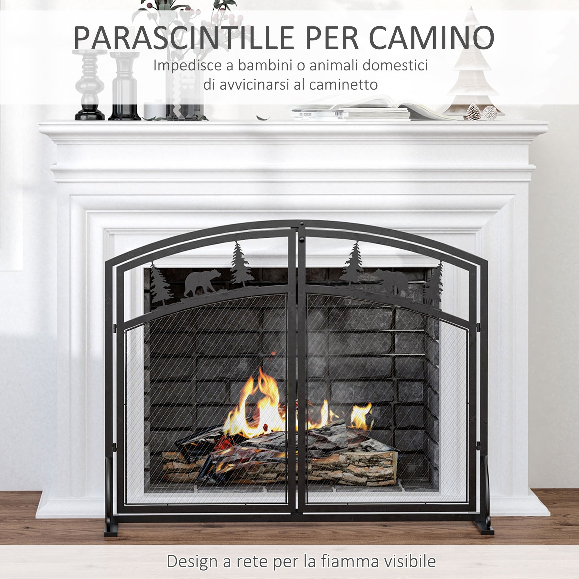 Black Metal Fireplace Spark Guard with 2 Clip Doors, Christmas Decorations, 99x35x80cm