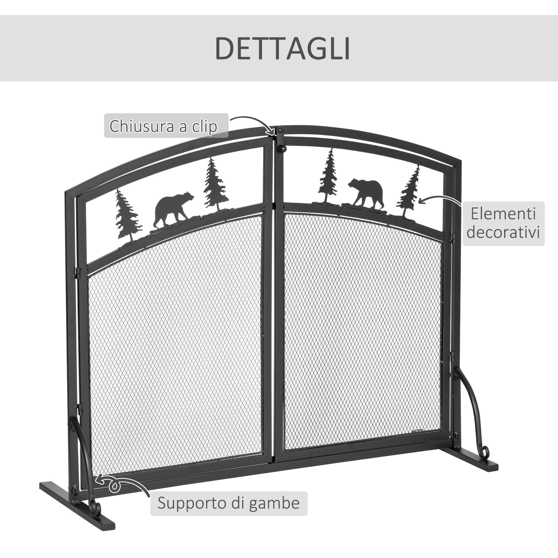 Black Metal Fireplace Spark Guard with 2 Clip Doors, Christmas Decorations, 99x35x80cm