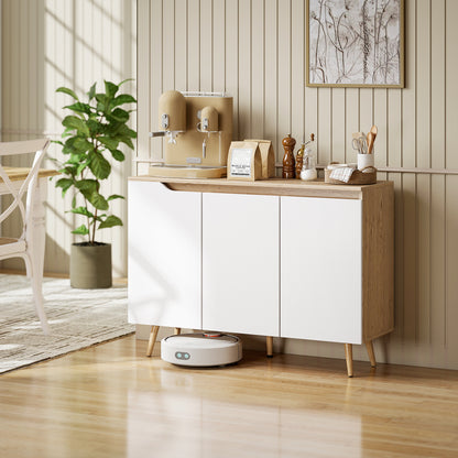 Sideboard Cabinet, 3 Doors, 2 Adjustable Shelves, 5 Hevea Rubberwood Legs, Rustic Oak & White, 107 x 35 x 76.5 cm (42.1 x 13.8 x 30.1 in)