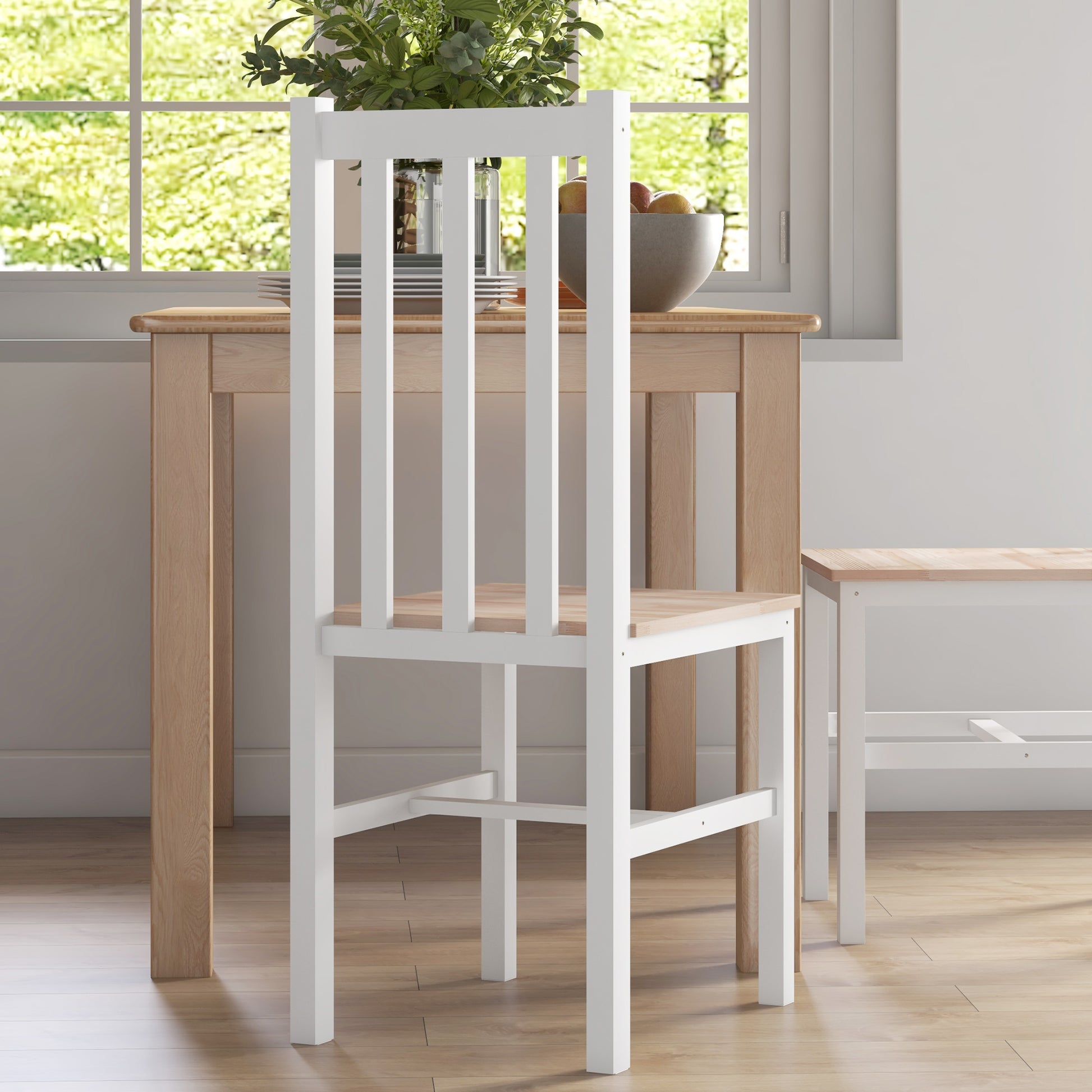 Set of 2 Dining Chairs Kitchen Chair with Slatted Backrest Pine Wood Frame for Living Room and Dining Room Load 120 kg 38.5x47.5x99 cm White and Natural