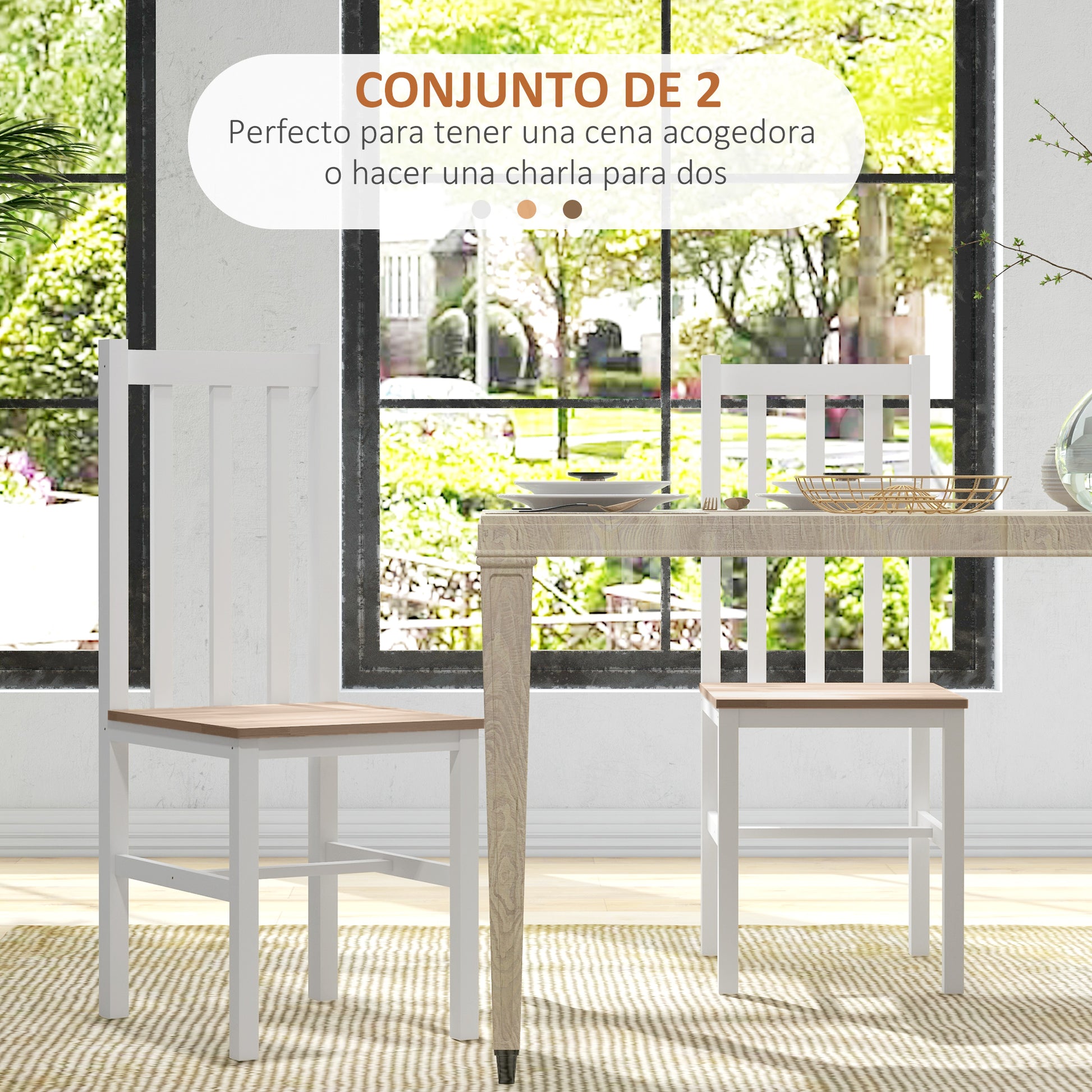 Set of 2 Dining Chairs Kitchen Chair with Slatted Backrest Pine Wood Frame for Living Room and Dining Room Load 120 kg 38.5x47.5x99 cm White and Natural