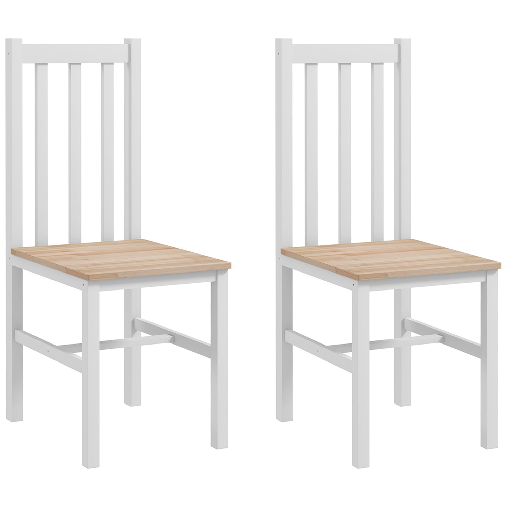 Set of 2 Dining Chairs Kitchen Chair with Slatted Backrest Pine Wood Frame for Living Room and Dining Room Load 120 kg 38.5x47.5x99 cm White and Natural