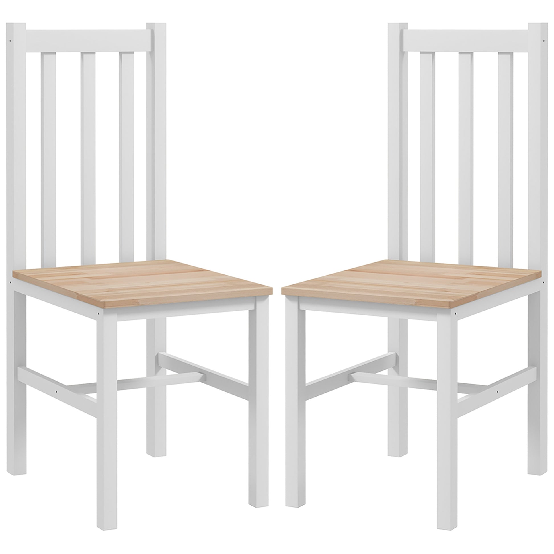 Set of 2 Dining Chairs Kitchen Chair with Slatted Backrest Pine Wood Frame for Living Room and Dining Room Load 120 kg 38.5x47.5x99 cm White and Natural