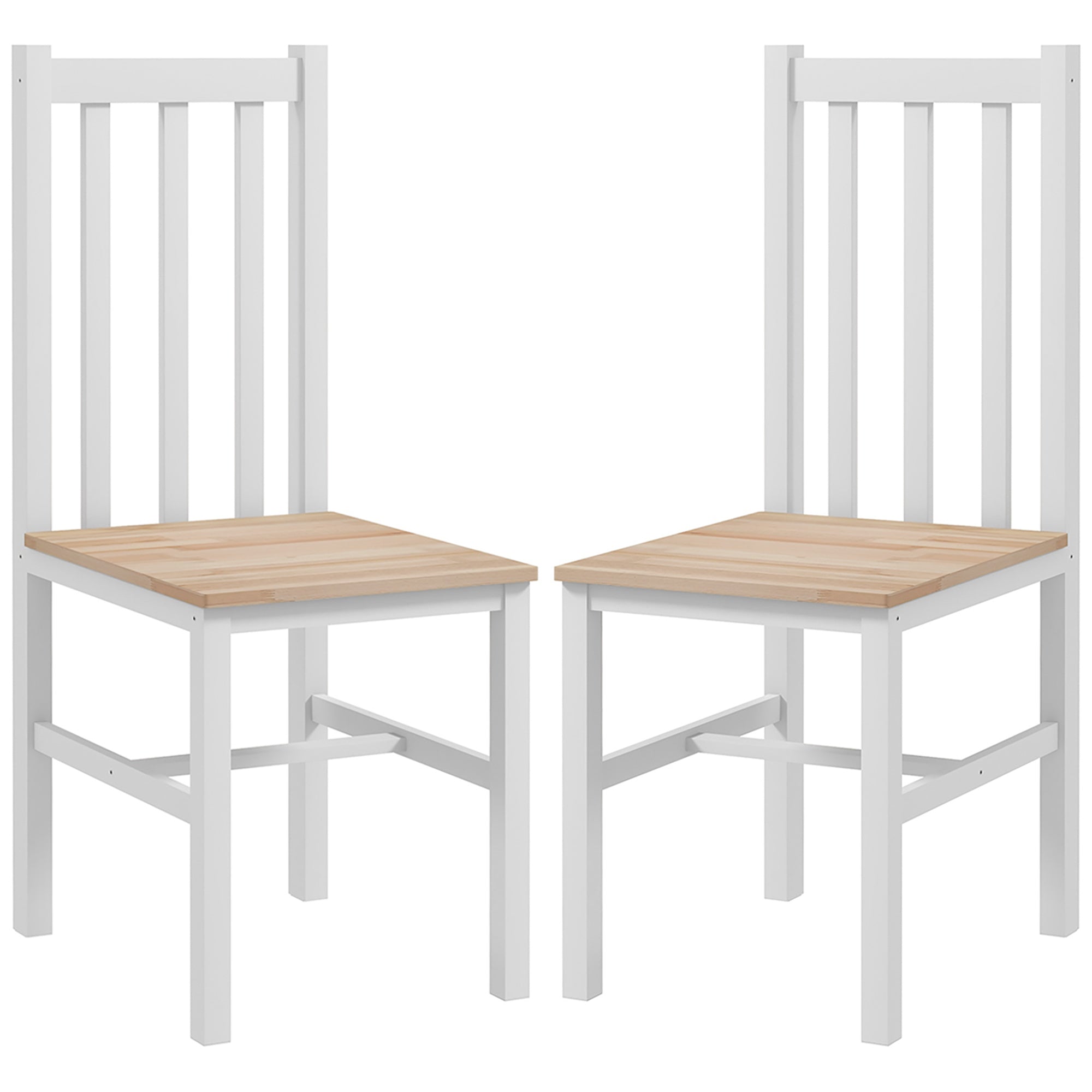 Set of 2 Dining Chairs Kitchen Chair with Slatted Backrest Pine Wood Frame for Living Room and Dining Room Load 120 kg 38.5x47.5x99 cm White and Natural