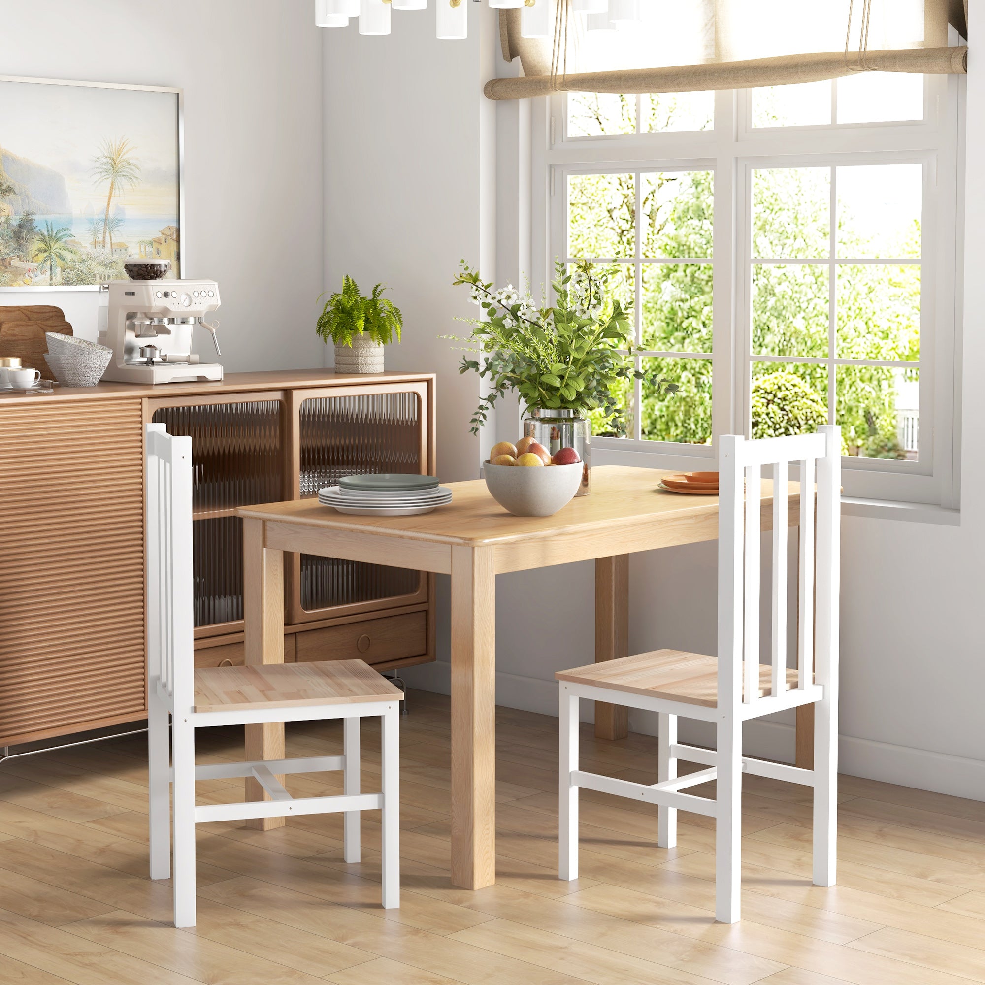 Set of 2 Dining Chairs Kitchen Chair with Slatted Backrest Pine Wood Frame for Living Room and Dining Room Load 120 kg 38.5x47.5x99 cm White and Natural