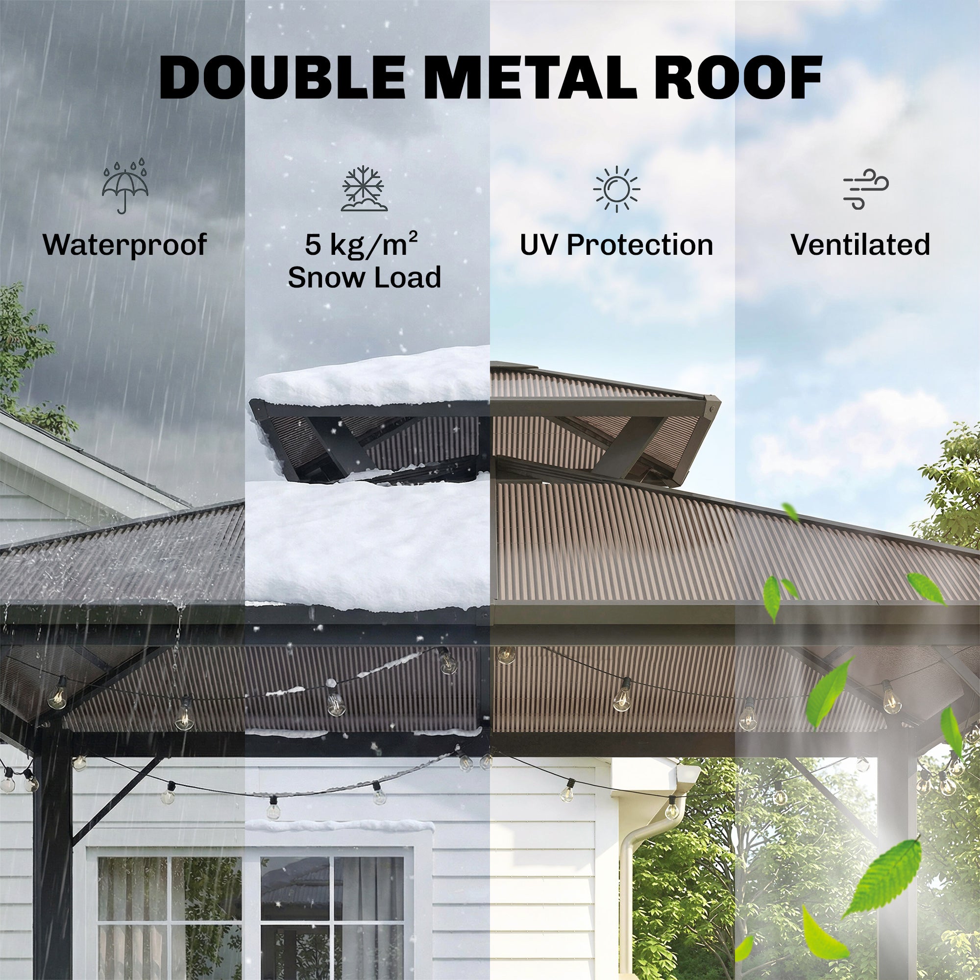 Grill Pavilion 2.5 x 1.5 m (approx. 8.2 x 4.9 ft) — Waterproof Double Polycarbonate Roof BBQ Canopy with Side Shelves, Aluminum Frame, UV-Resistant, Brown