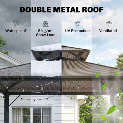 Grill Pavilion 2.5 x 1.5 m (approx. 8.2 x 4.9 ft) — Waterproof Double Polycarbonate Roof BBQ Canopy with Side Shelves, Aluminum Frame, UV-Resistant, Brown
