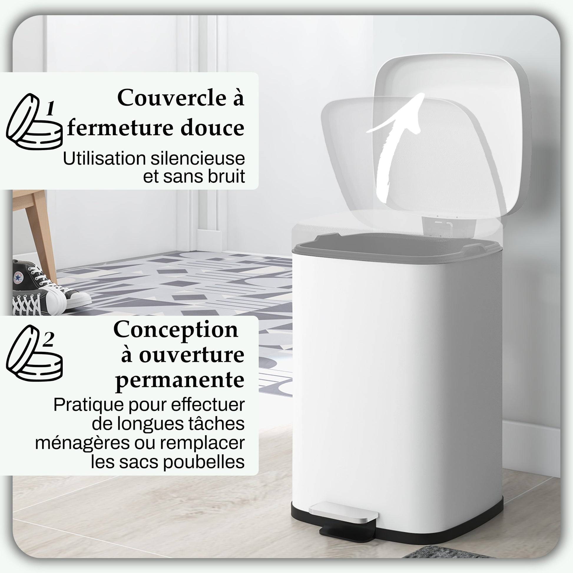 20L Kitchen Bin Pedal Bin Stainless Steel with Soft-Close Lid, Compact, Removable Inner Bucket, 28L x 35W x 45H cm, White