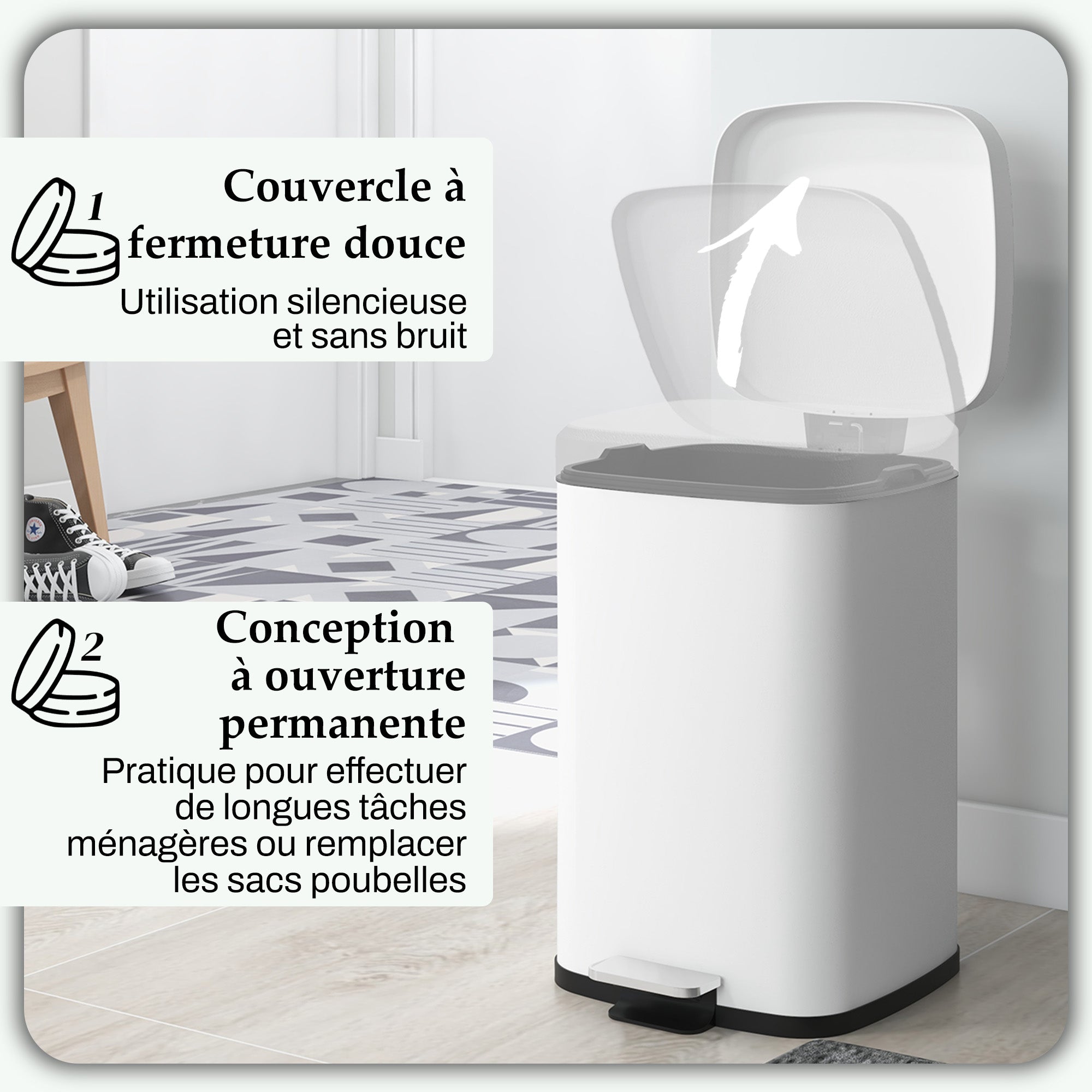 20L Kitchen Bin Pedal Bin Stainless Steel with Soft-Close Lid, Compact, Removable Inner Bucket, 28L x 35W x 45H cm, White