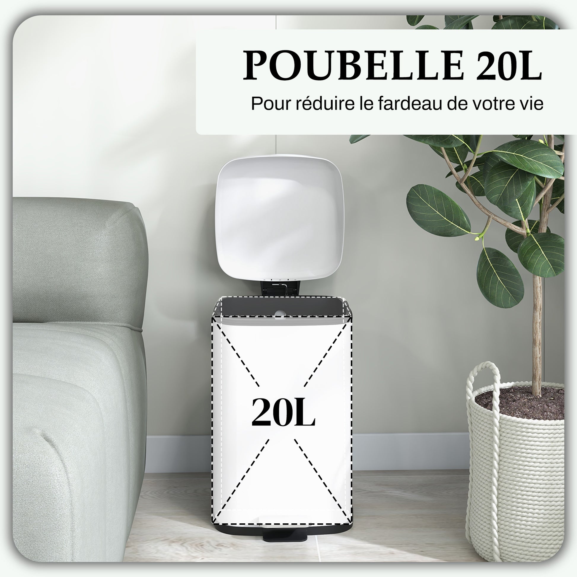 20L Kitchen Bin Pedal Bin Stainless Steel with Soft-Close Lid, Compact, Removable Inner Bucket, 28L x 35W x 45H cm, White